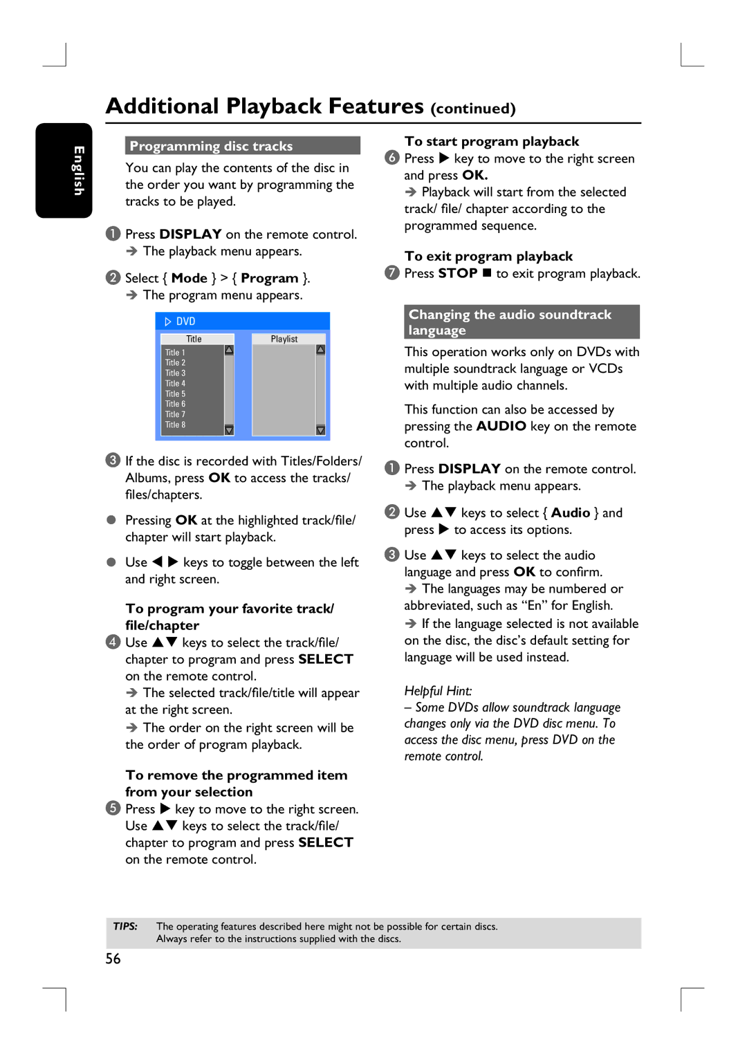 Philips DVDR3455H user manual English Programming disc tracks, Changing the audio soundtrack language 