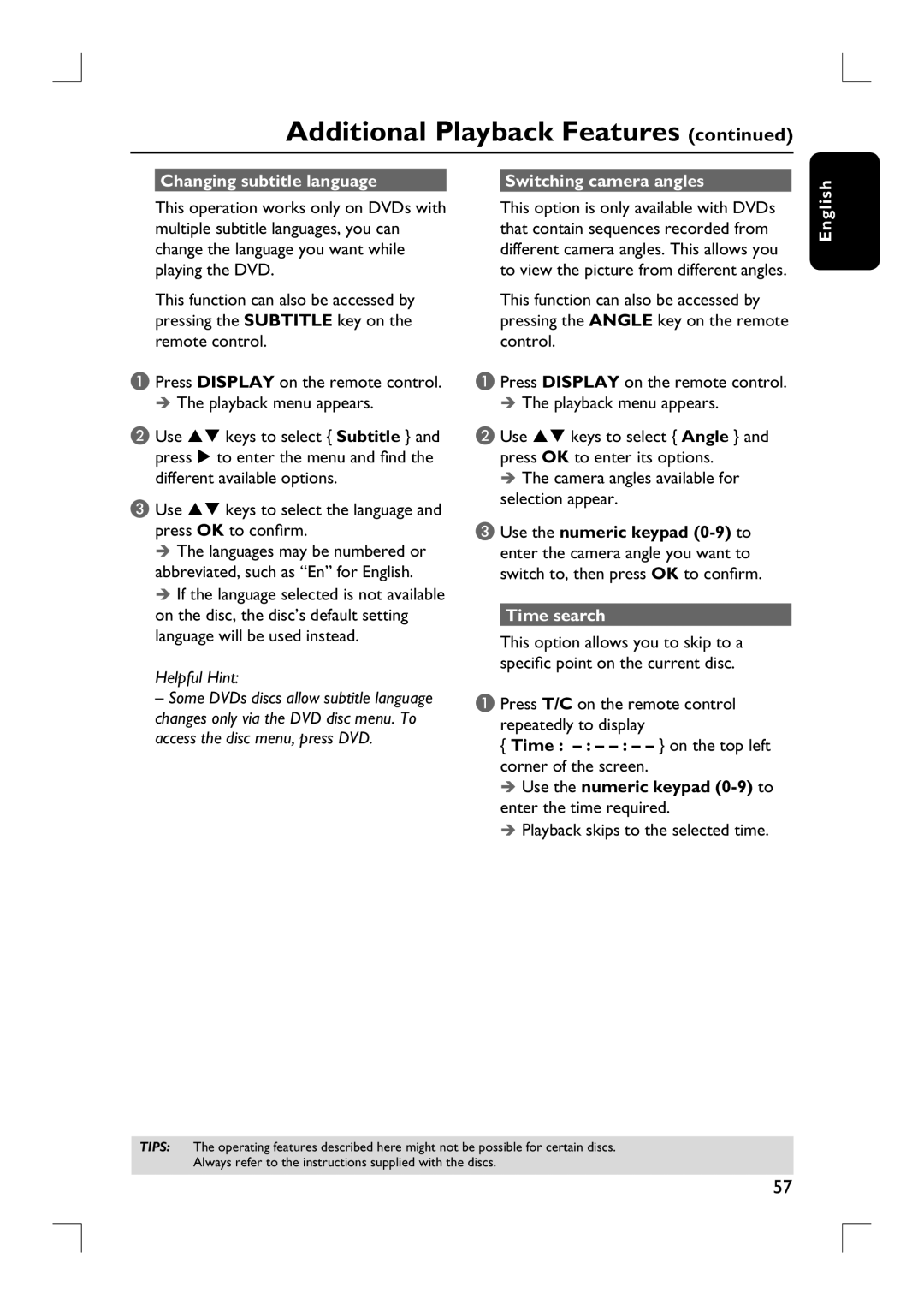 Philips DVDR3455H Changing subtitle language Switching camera angles, Time search, Playback skips to the selected time 