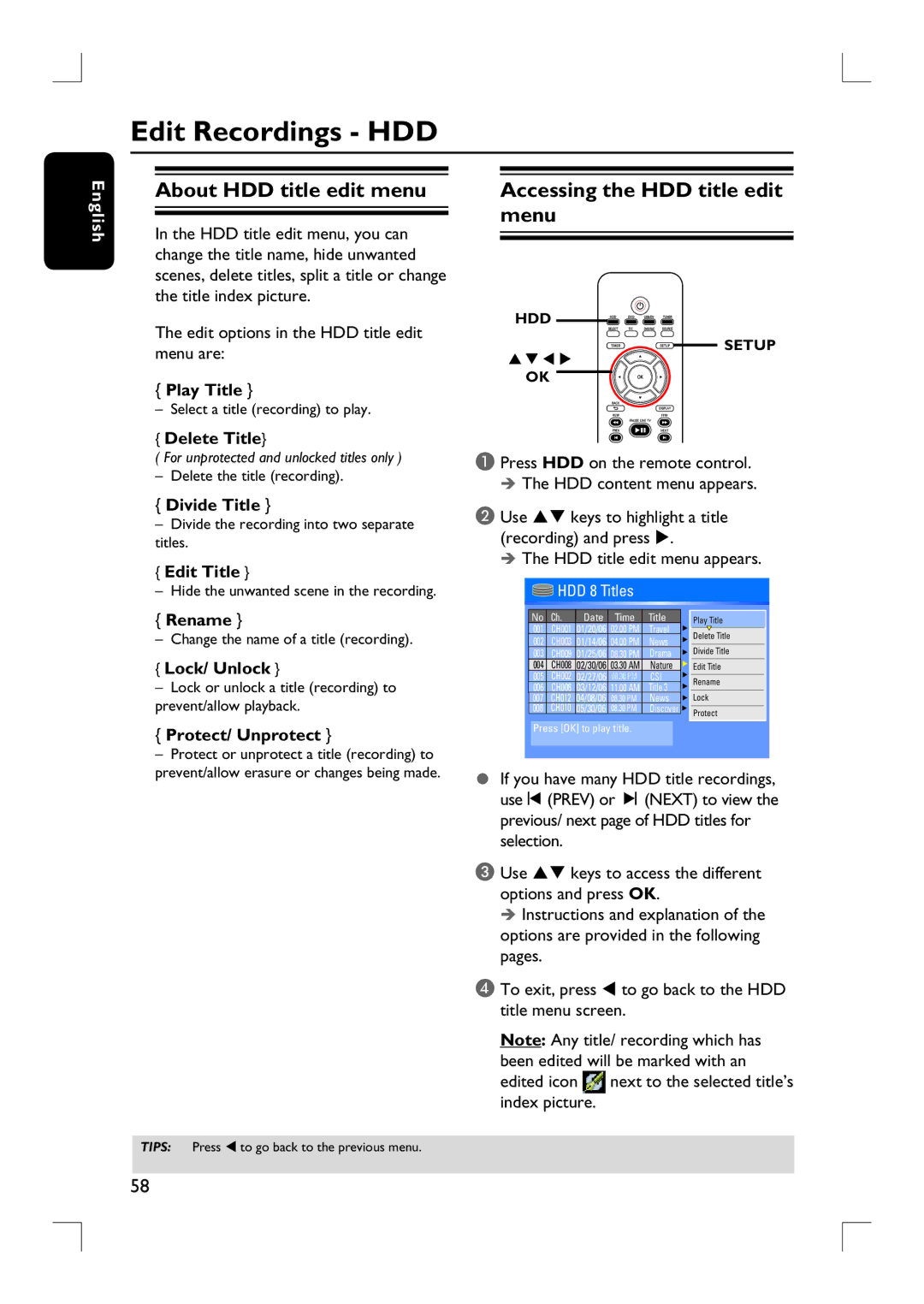 Philips DVDR3455H user manual Edit Recordings HDD, About HDD title edit menu, Accessing the HDD title edit menu 