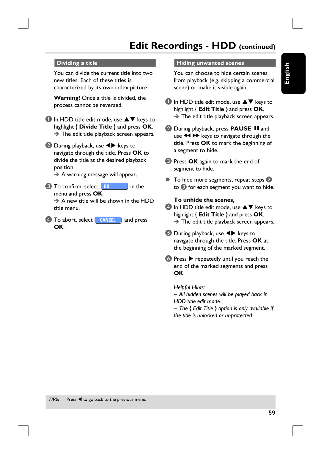 Philips DVDR3455H user manual Dividing a title, Ish, HDD title edit mode, use ST keys to, To unhide the scenes, Engl 