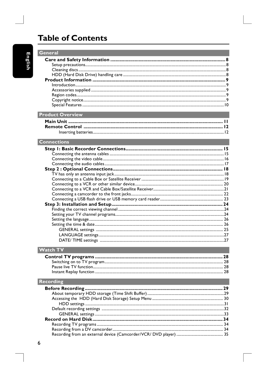 Philips DVDR3455H user manual Table of Contents 