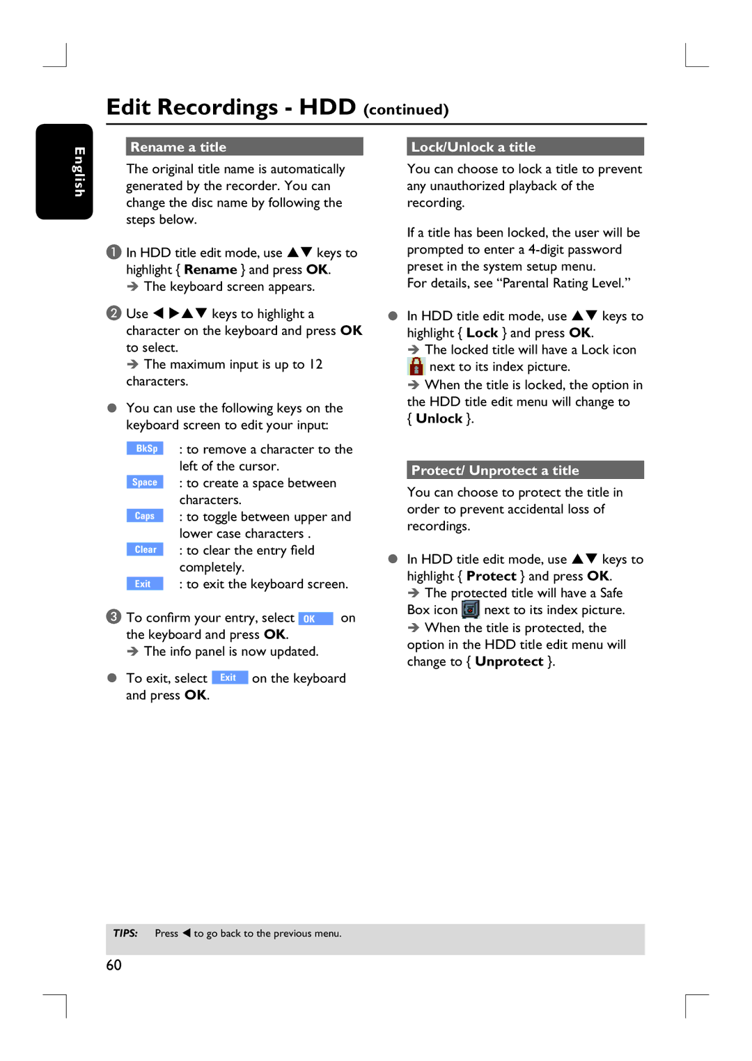 Philips DVDR3455H English Rename a title, Left of the cursor, Characters, Lower case characters, To clear the entry field 