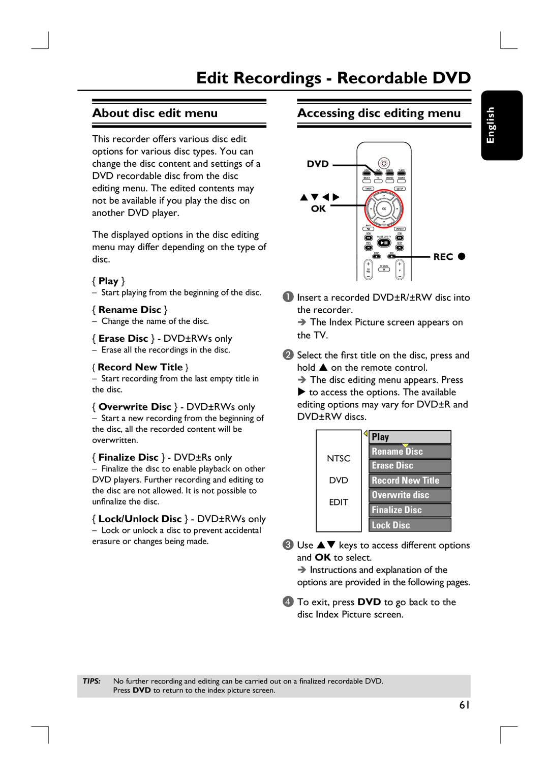 Philips DVDR3455H user manual Edit Recordings Recordable DVD, About disc edit menu Accessing disc editing menu 