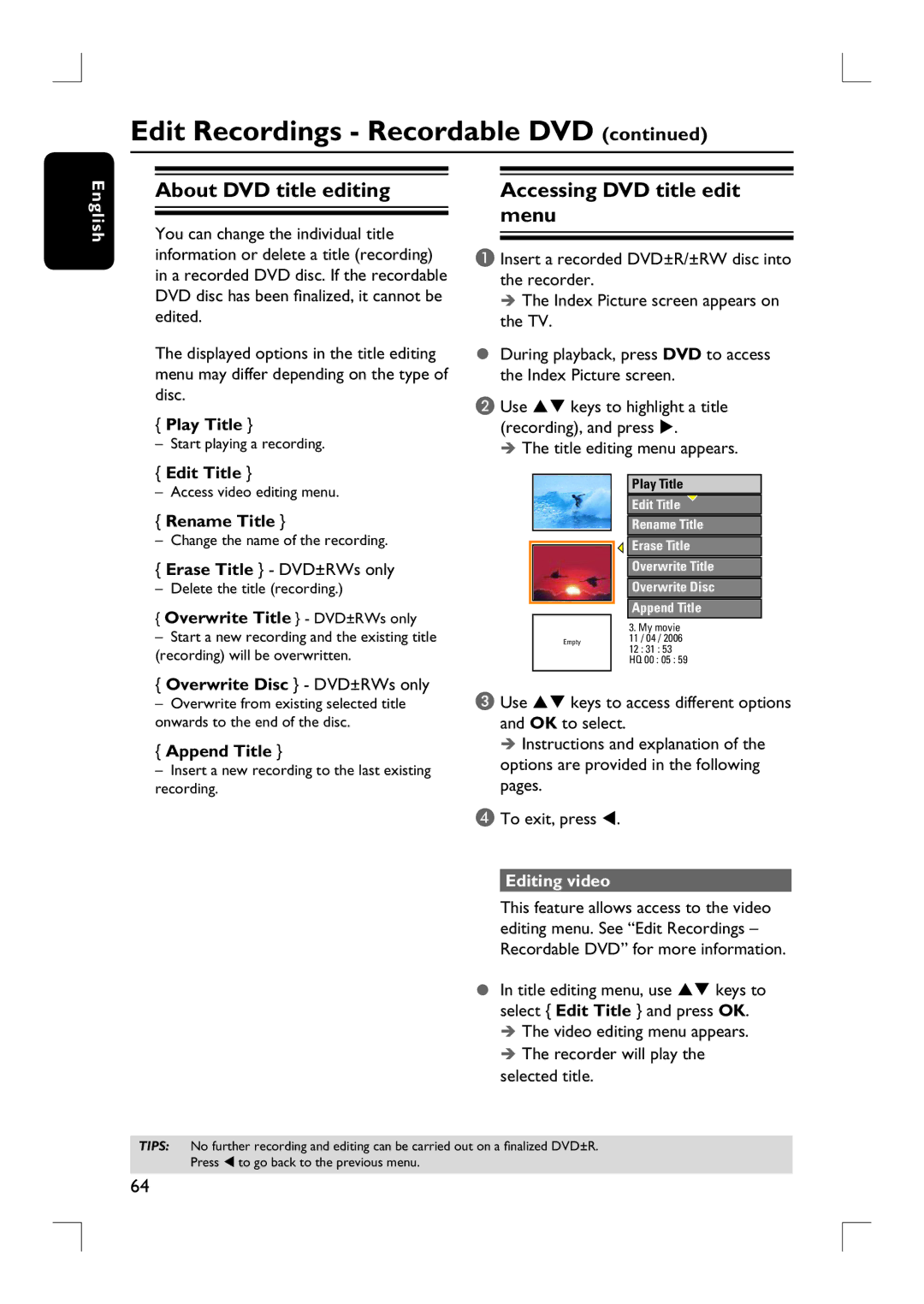 Philips DVDR3455H user manual About DVD title editing, Menu, Editing video 