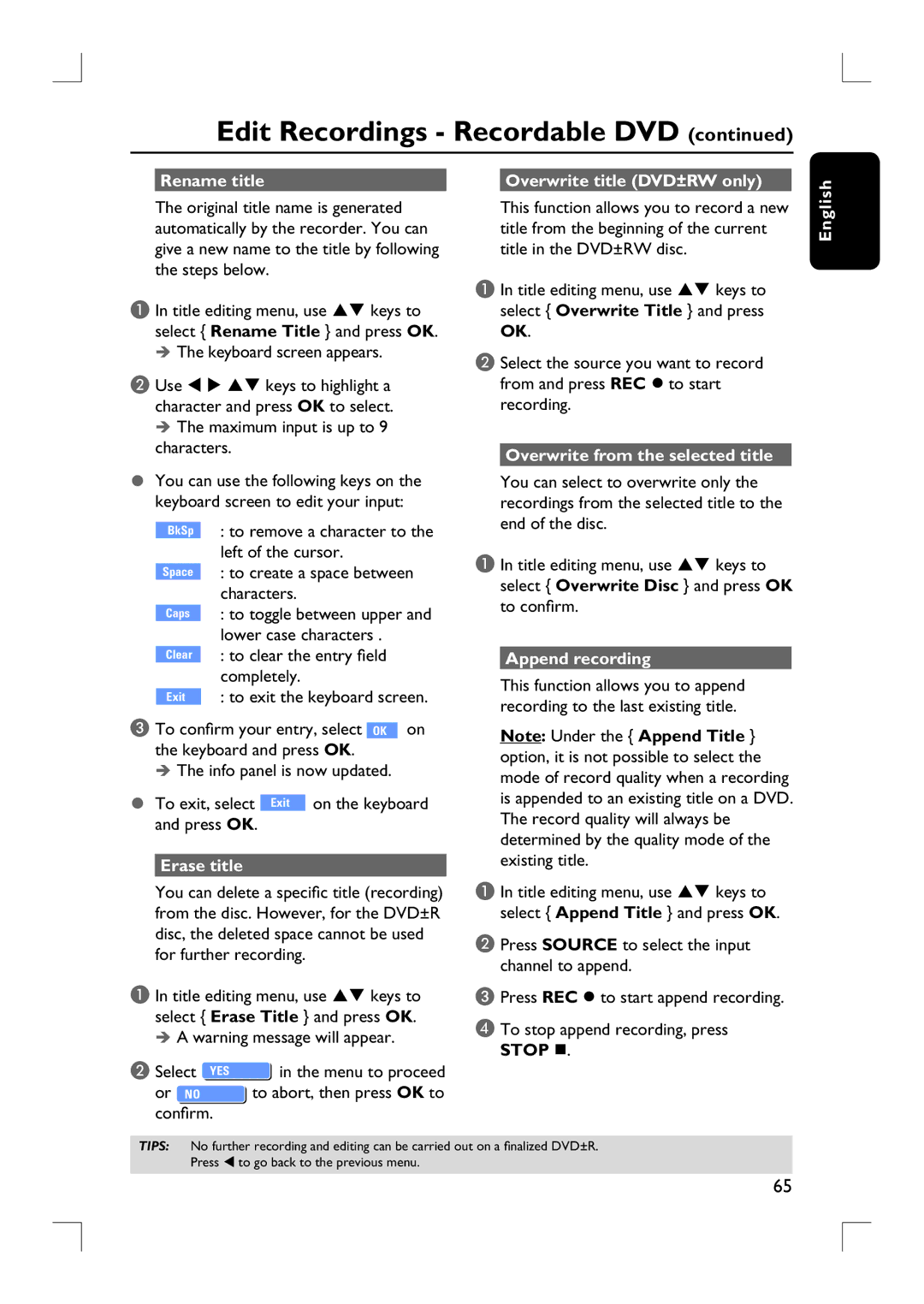 Philips DVDR3455H user manual Rename title Overwrite title DVD±RW only, Overwrite from the selected title, Append recording 