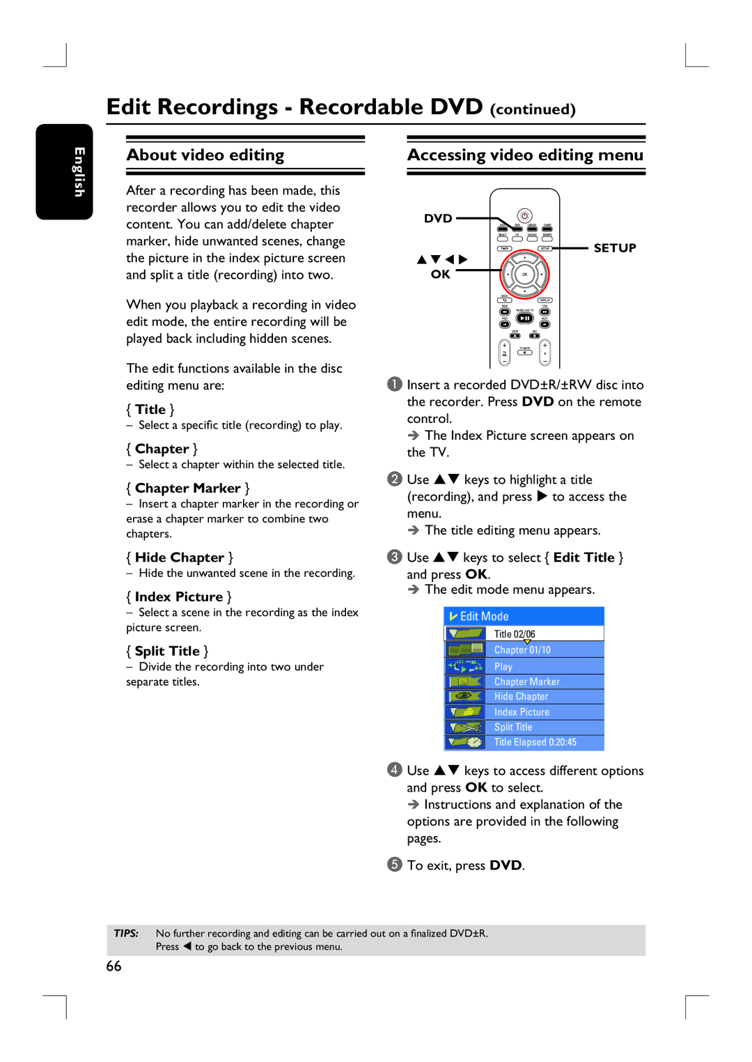 Philips DVDR3455H user manual About video editing, Accessing video editing menu 