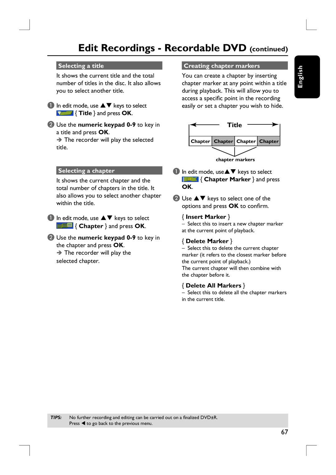 Philips DVDR3455H user manual Selecting a title, Creating chapter markers, Selecting a chapter 