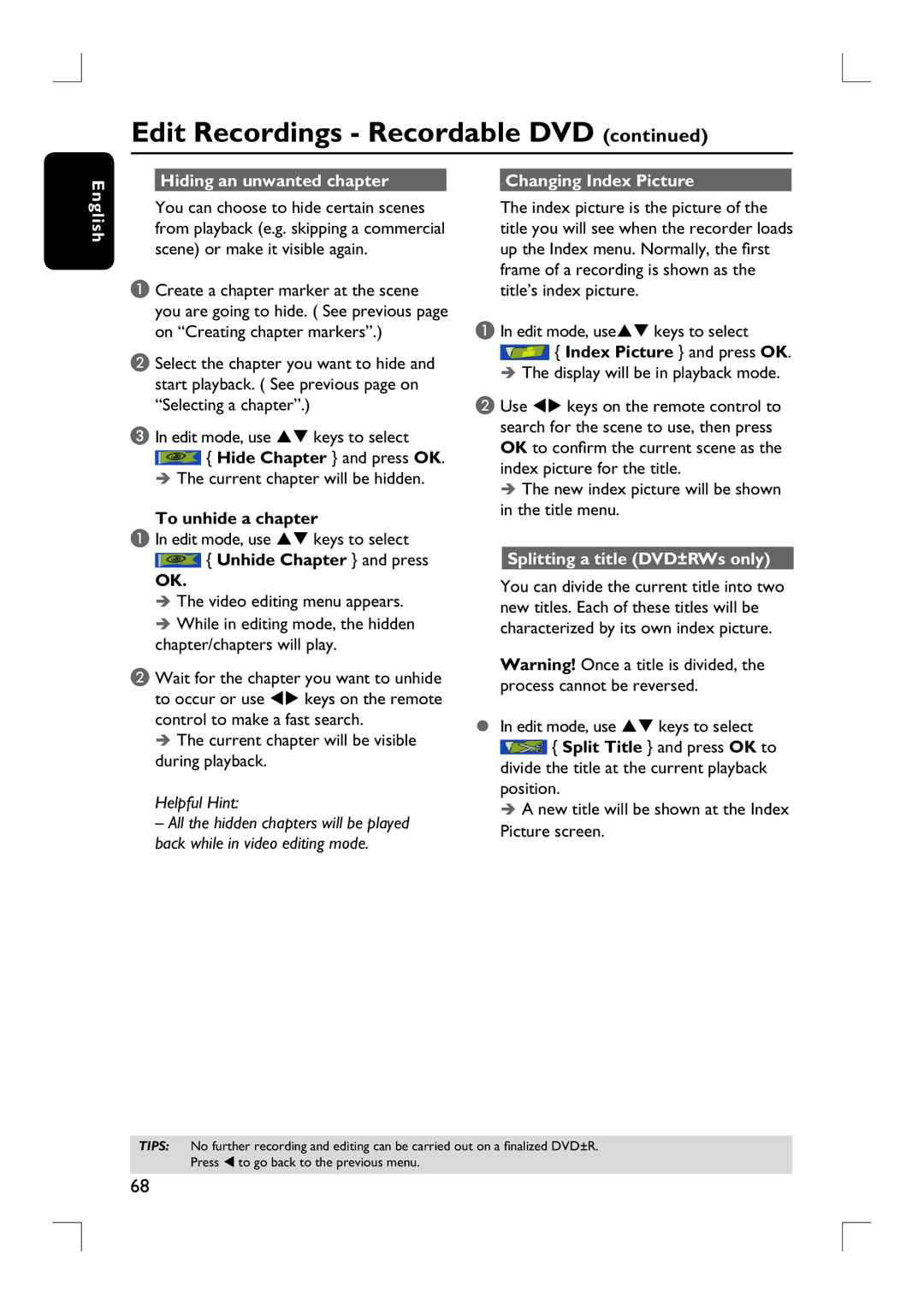 Philips DVDR3455H user manual English Hiding an unwanted chapter, To unhide a chapter, Unhide Chapter and press 