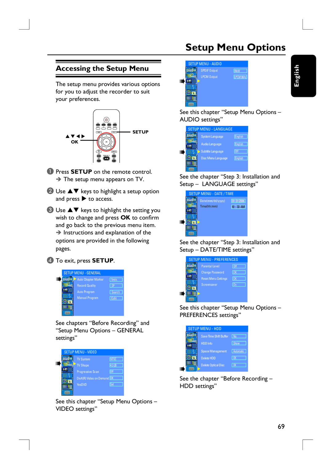 Philips DVDR3455H user manual Setup Menu Options, Accessing the Setup Menu 