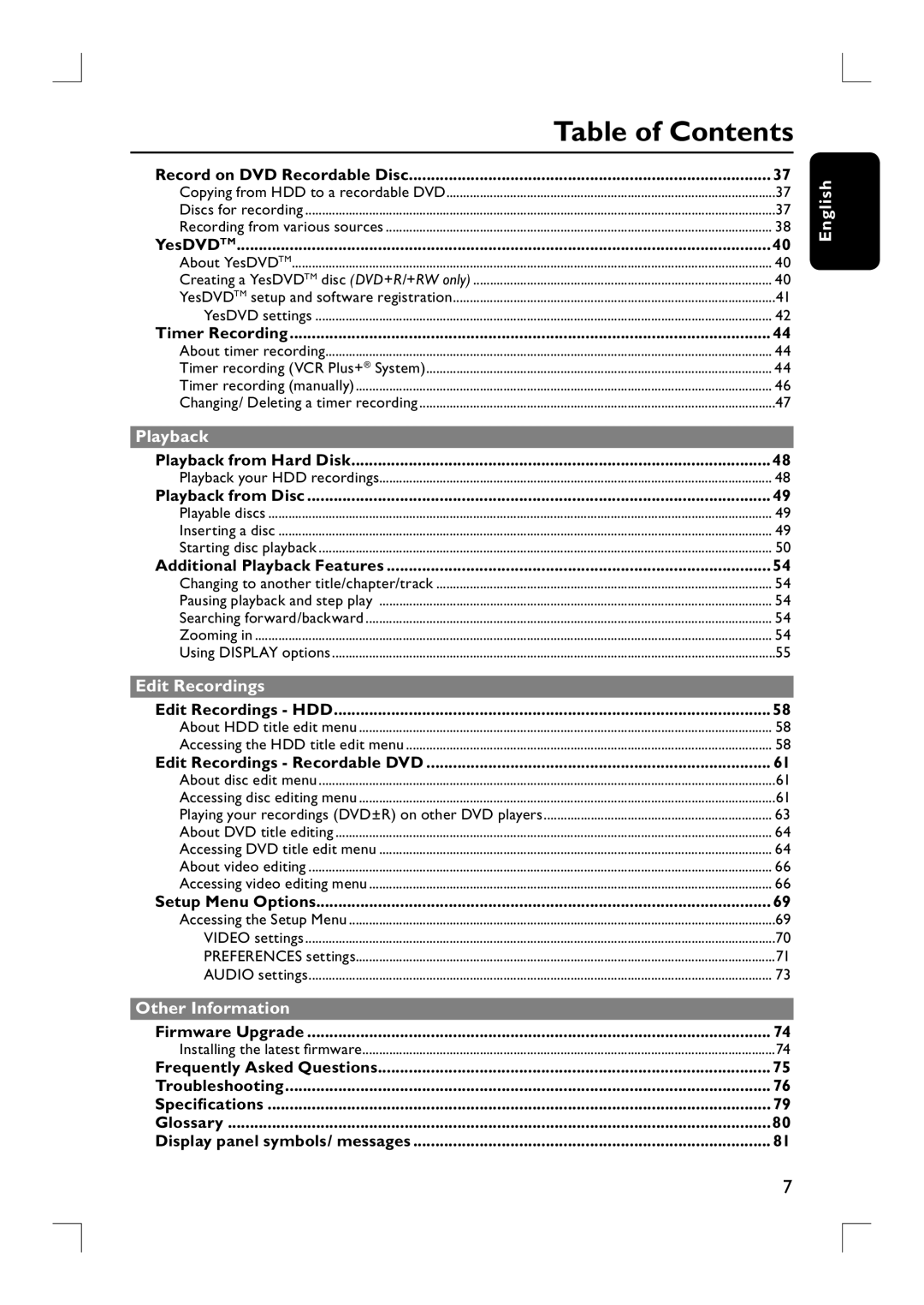 Philips DVDR3455H user manual Table of Contents 