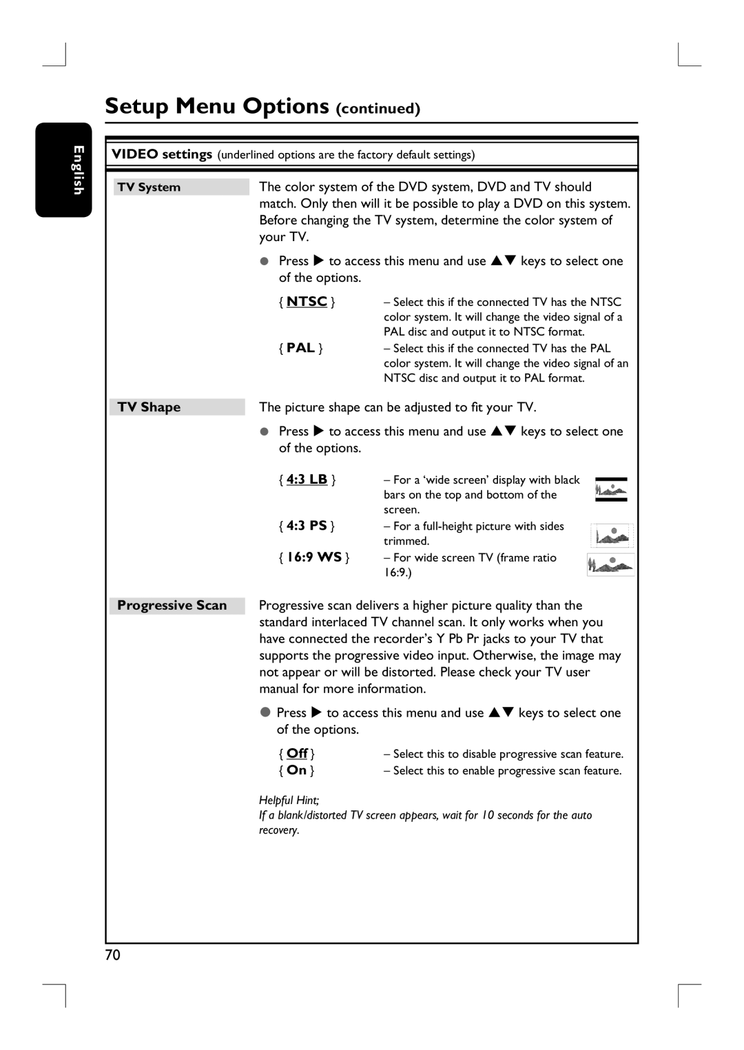 Philips DVDR3455H user manual Pal, TV Shape, 43 LB, 43 PS, 169 WS, Progressive Scan 