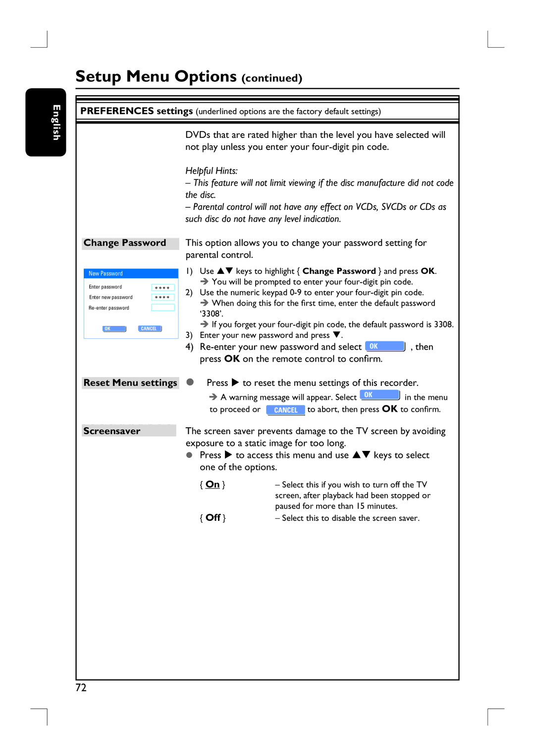 Philips DVDR3455H Screensaver, Exposure to a static image for too long, One of the options, Off, Reset Menu settings 