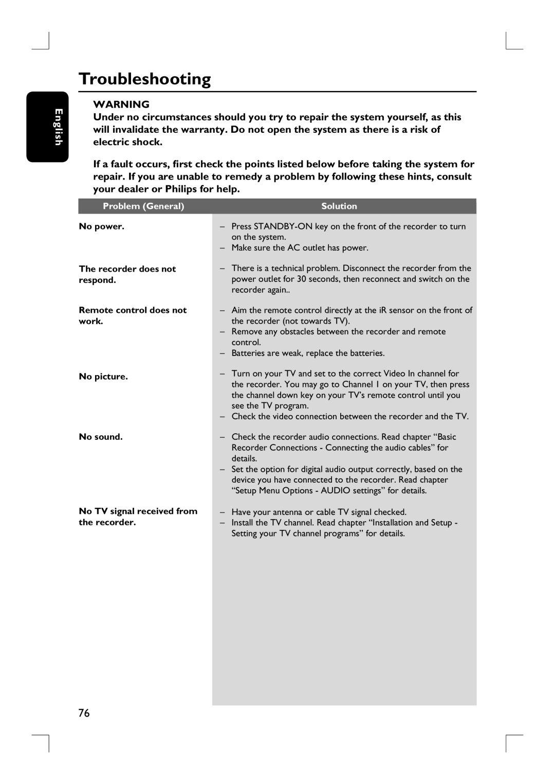 Philips DVDR3455H user manual Troubleshooting 