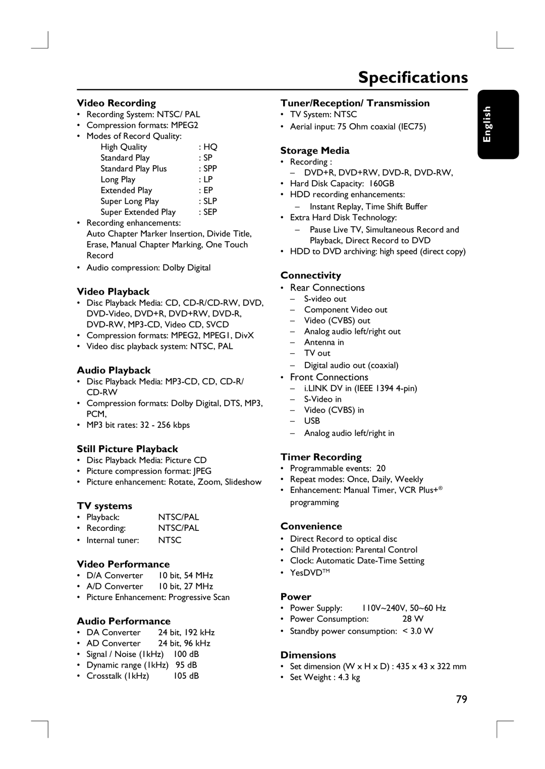 Philips DVDR3455H user manual Specifications 