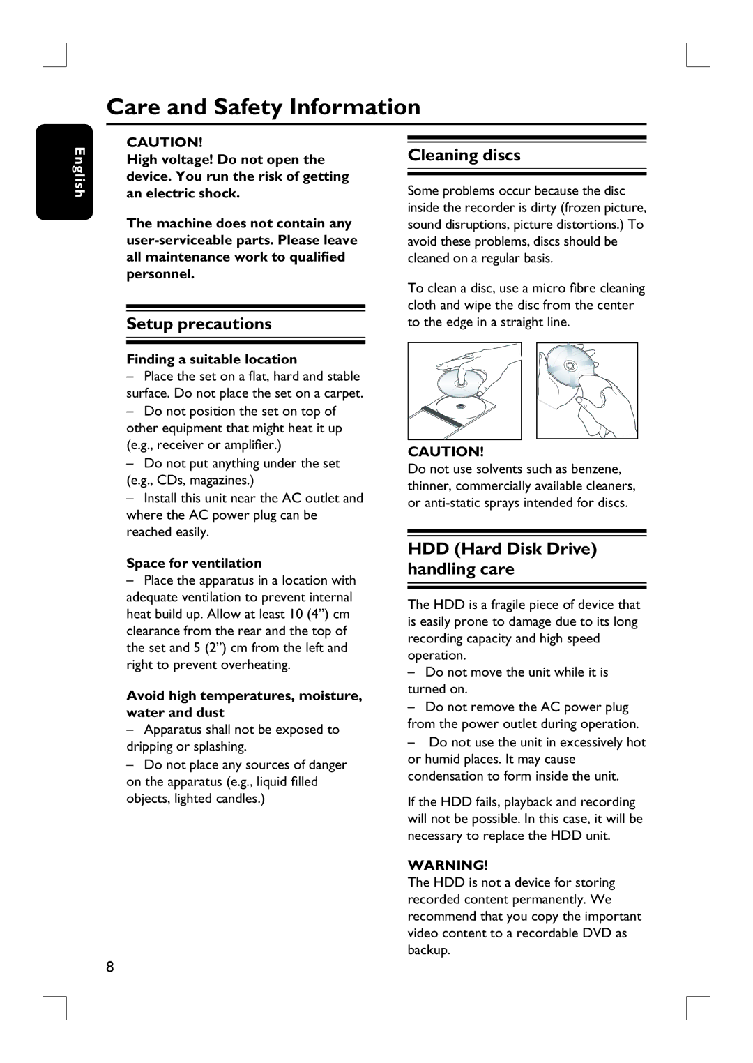 Philips DVDR3455H Care and Safety Information, Setup precautions, Cleaning discs, HDD Hard Disk Drive handling care 