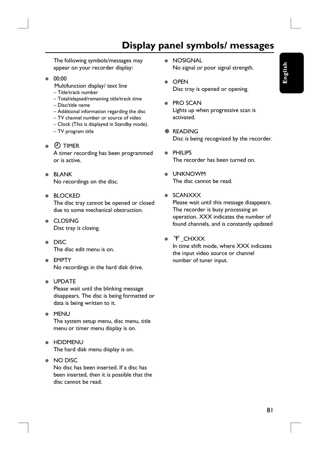 Philips DVDR3455H user manual Display panel symbols/ messages 