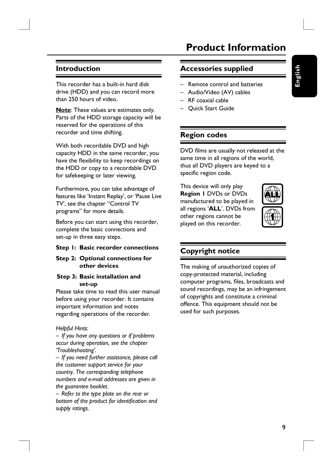 Philips DVDR3455H user manual Product Information, Introduction, Accessories supplied, Region codes, Copyright notice 