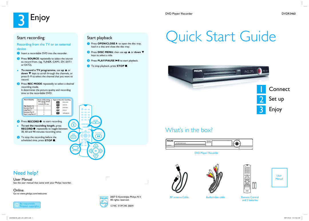 Philips DVDR3460 quick start Enjoy, Start recording, Start playback, Recording from the TV or an external device 