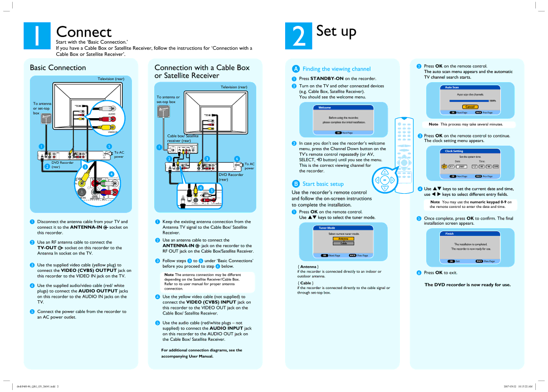 Philips DVDR3460 quick start Set up, Basic Connection, Connection with a Cable Box or Satellite Receiver 