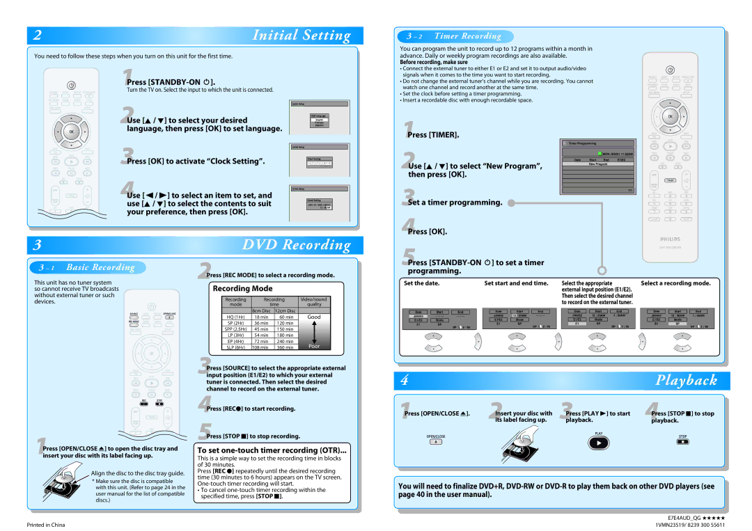 Philips DVDR3475 user manual Initial Setting, DVD Recording, 4Playback, Timer Recording 