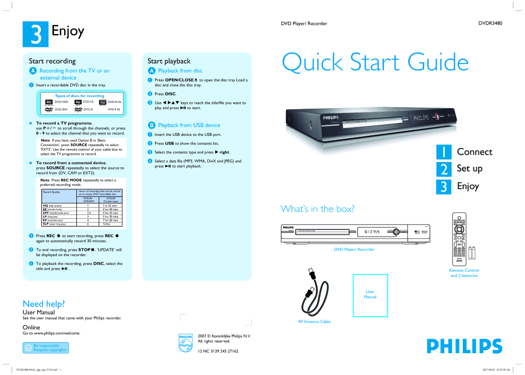 Philips DVDR3480/05B quick start Enjoy, Start recording, Start playback 