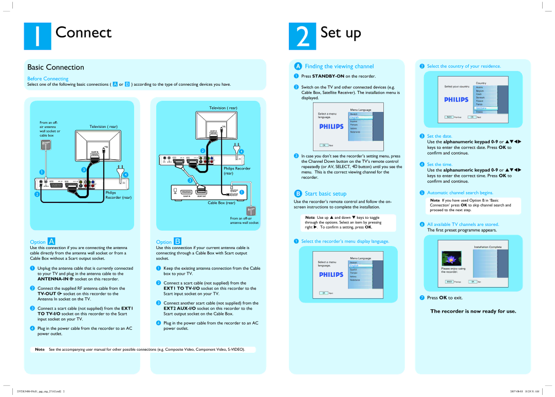Philips DVDR3480/05B quick start Set up, Basic Connection, Finding the viewing channel, Start basic setup 