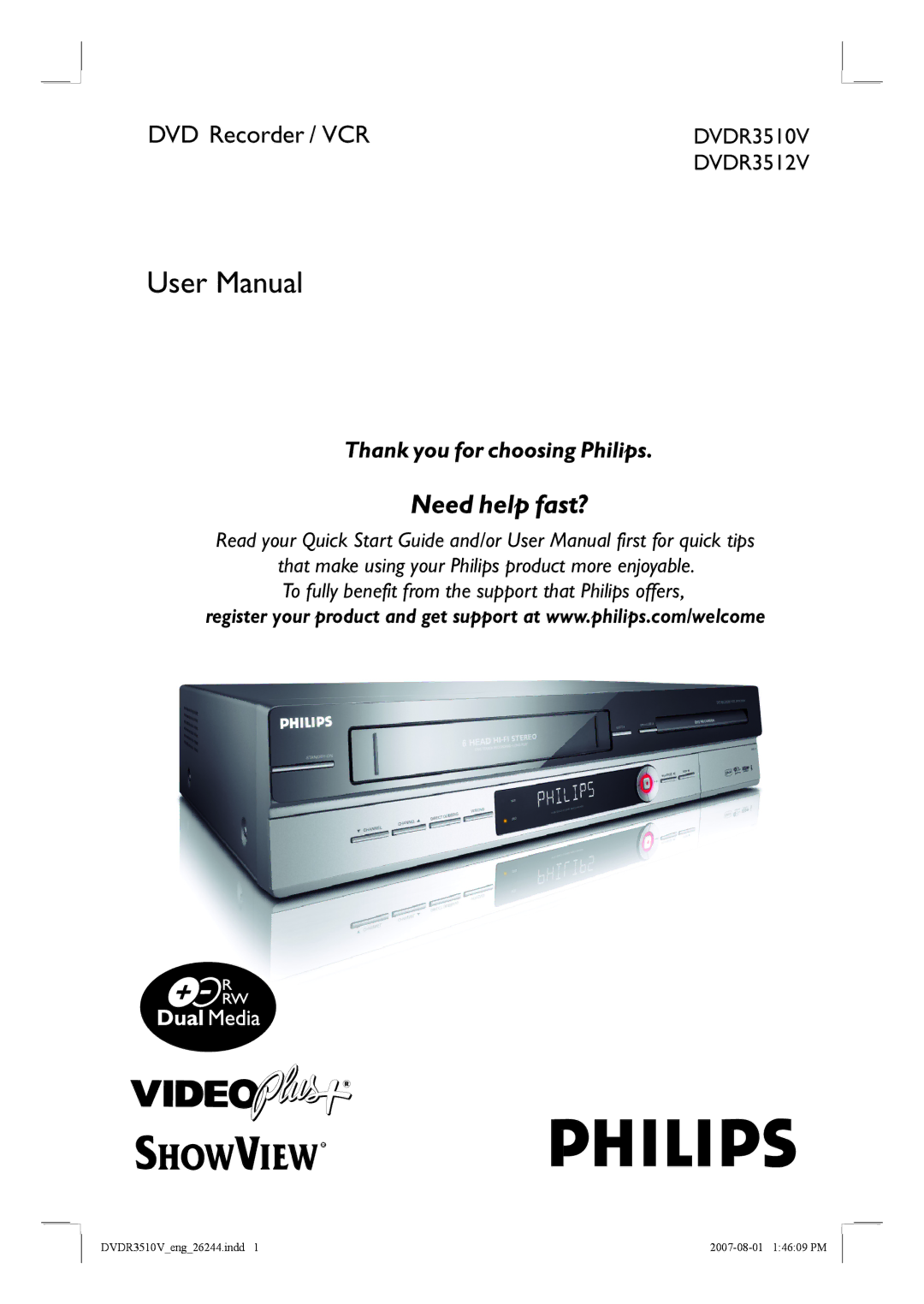 Philips DVDR3512V, DVDR3510V quick start DVD Recorder / VCR 