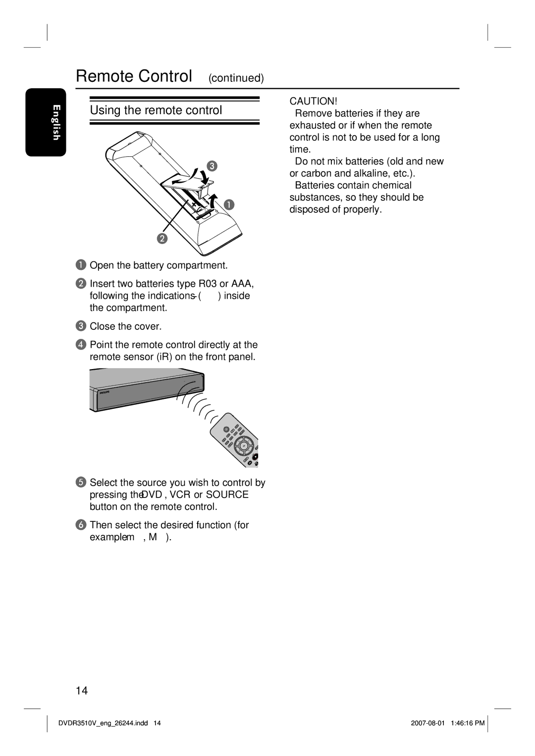 Philips DVDR3510V, DVDR3512V quick start Using the remote control, Then select the desired function for example m, M 