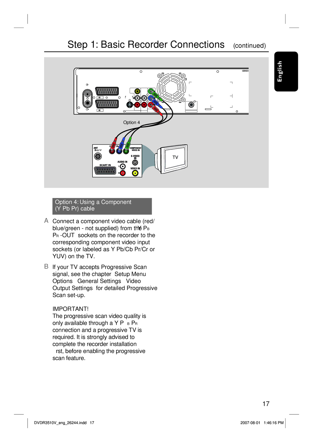 Philips DVDR3512V, DVDR3510V quick start English Option 4 Using a Component Y Pb Pr cable 