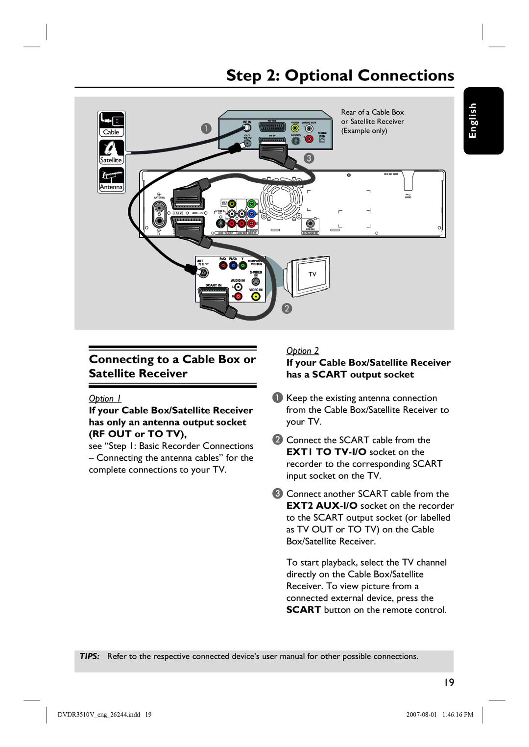 Philips DVDR3512V, DVDR3510V quick start Optional Connections, Connecting to a Cable Box or Satellite Receiver 