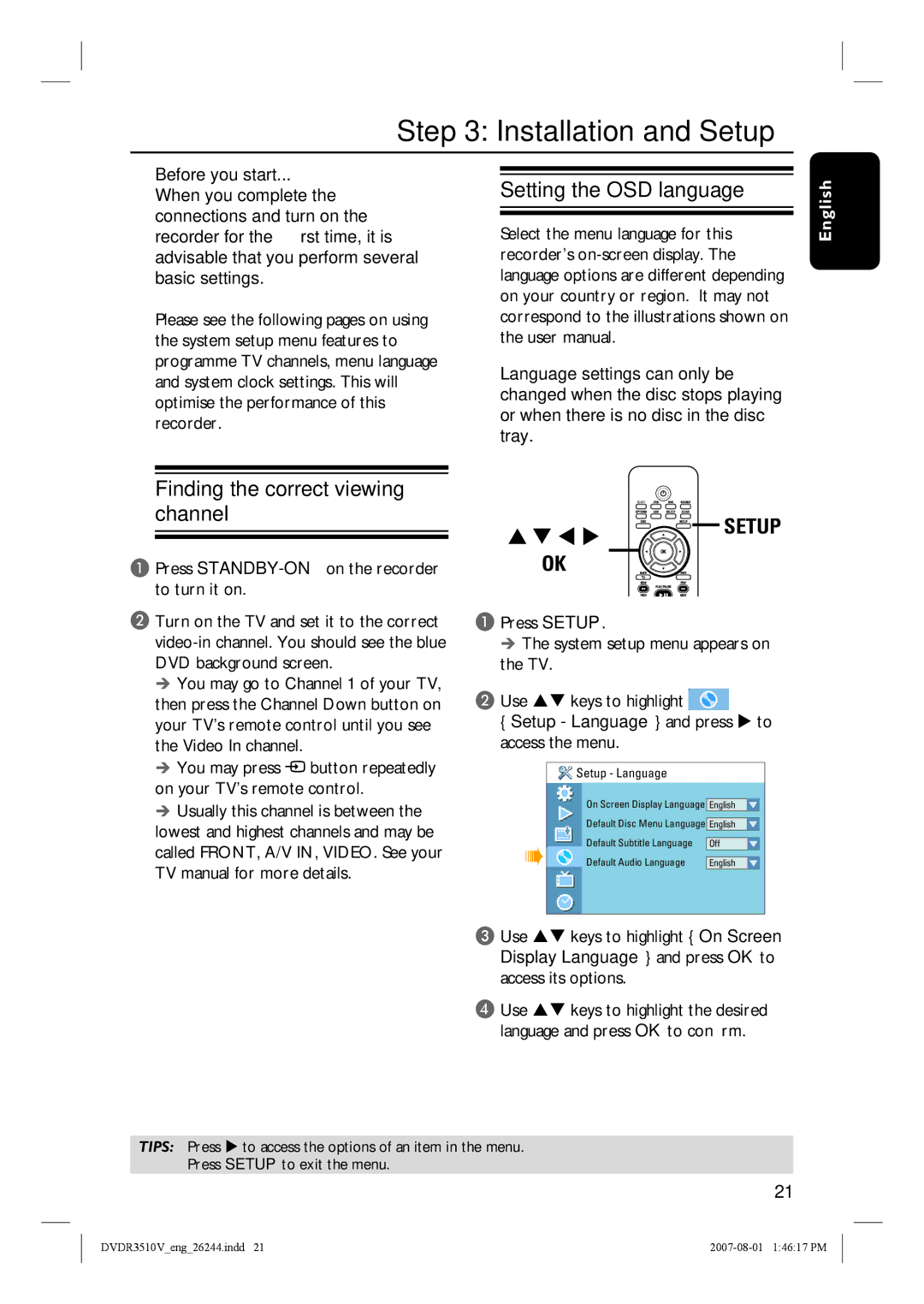 Philips DVDR3512V, DVDR3510V Installation and Setup, Finding the correct viewing channel, Setting the OSD language 