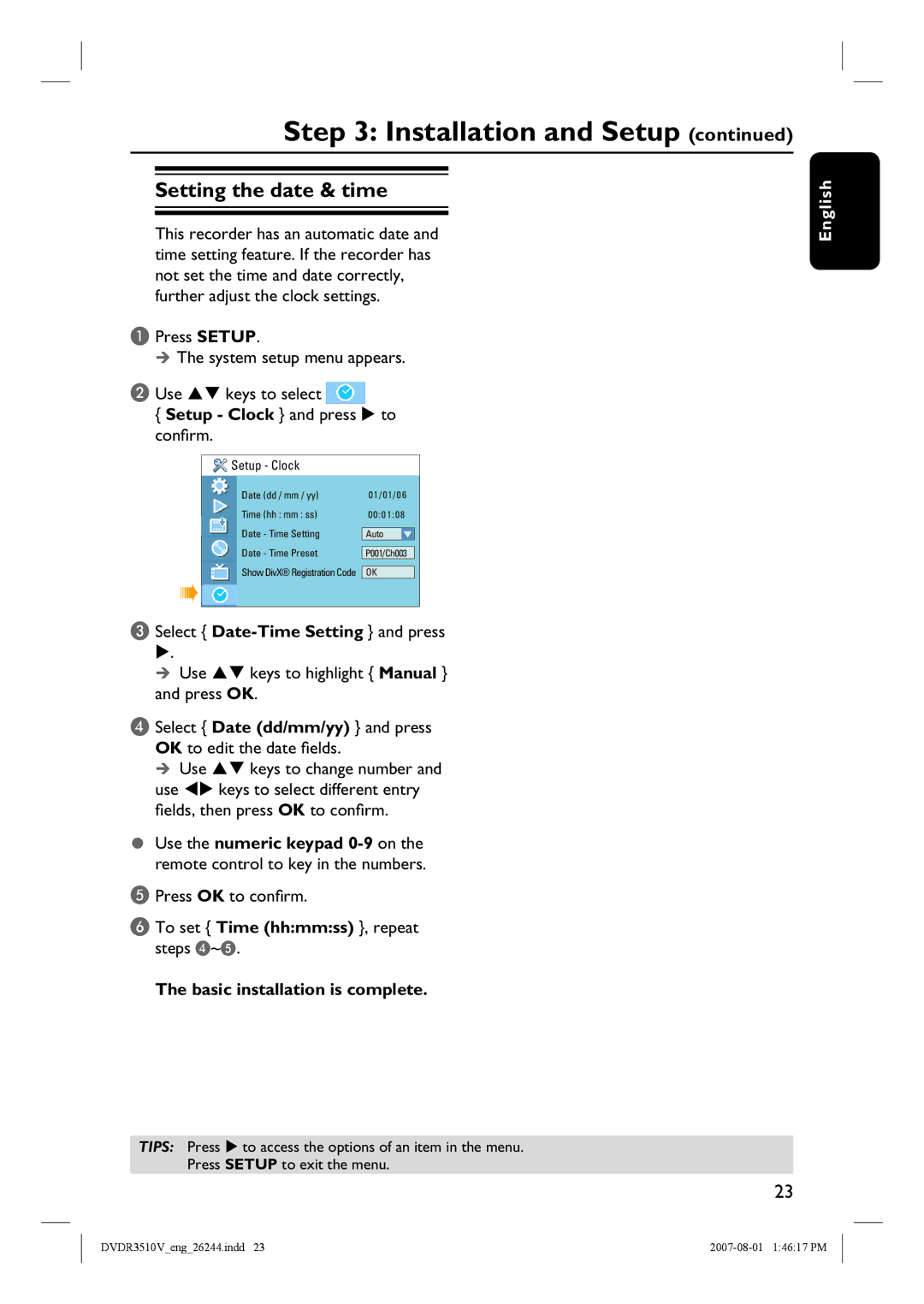 Philips DVDR3512V Setting the date & time, Setup Clock and press X to confirm, Select Date-Time Setting and press 