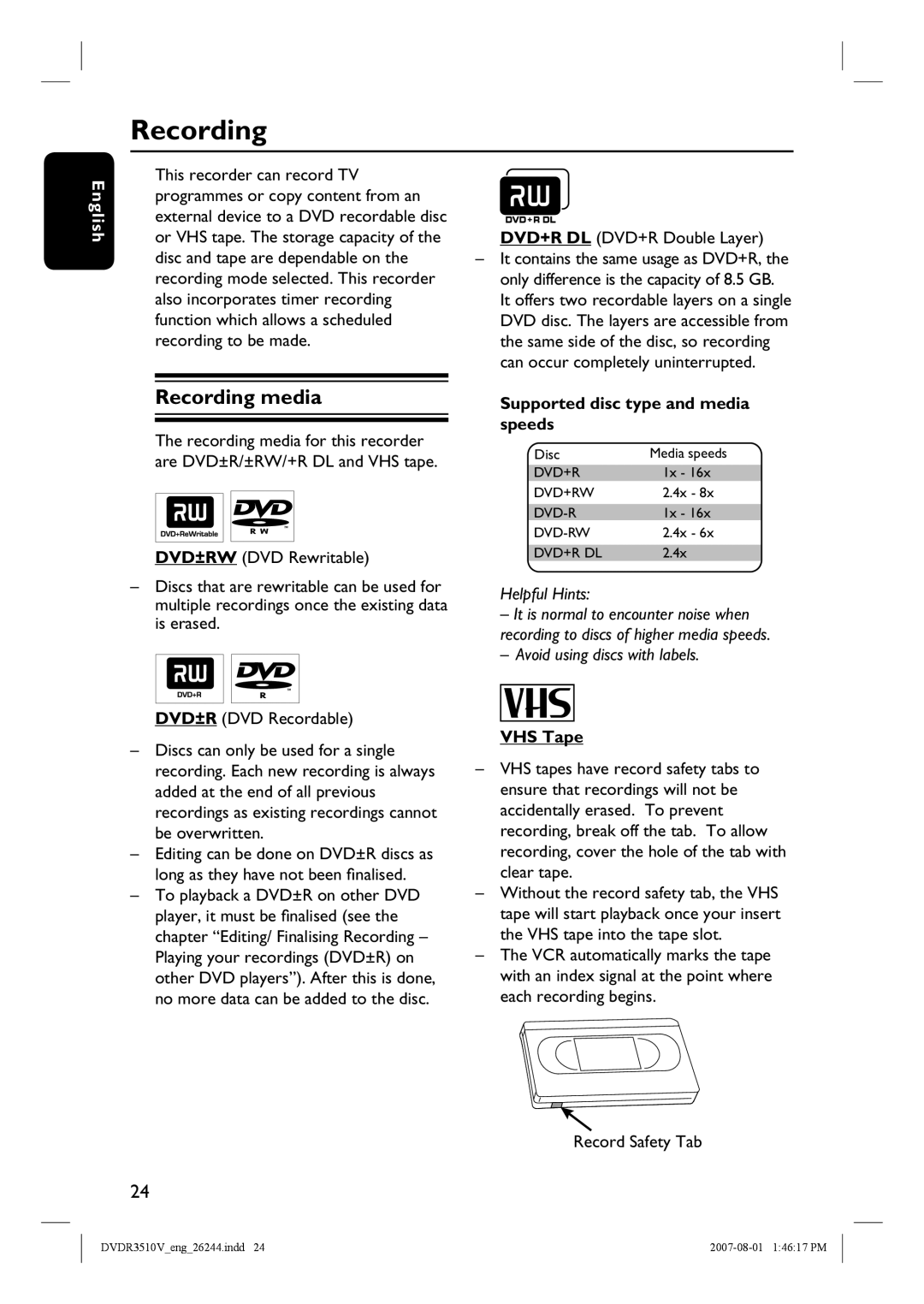 Philips DVDR3510V Recording media, DVD+R DL DVD+R Double Layer, Supported disc type and media speeds, VHS Tape 