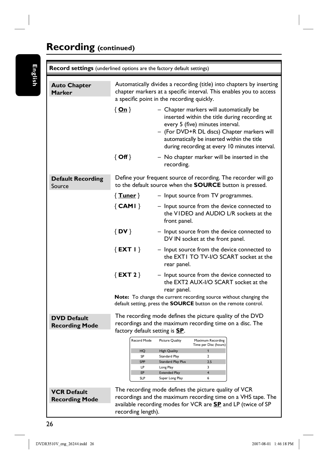 Philips DVDR3510V, DVDR3512V quick start Auto Chapter Marker, Off, DVD Default Recording Mode VCR Default Recording Mode 