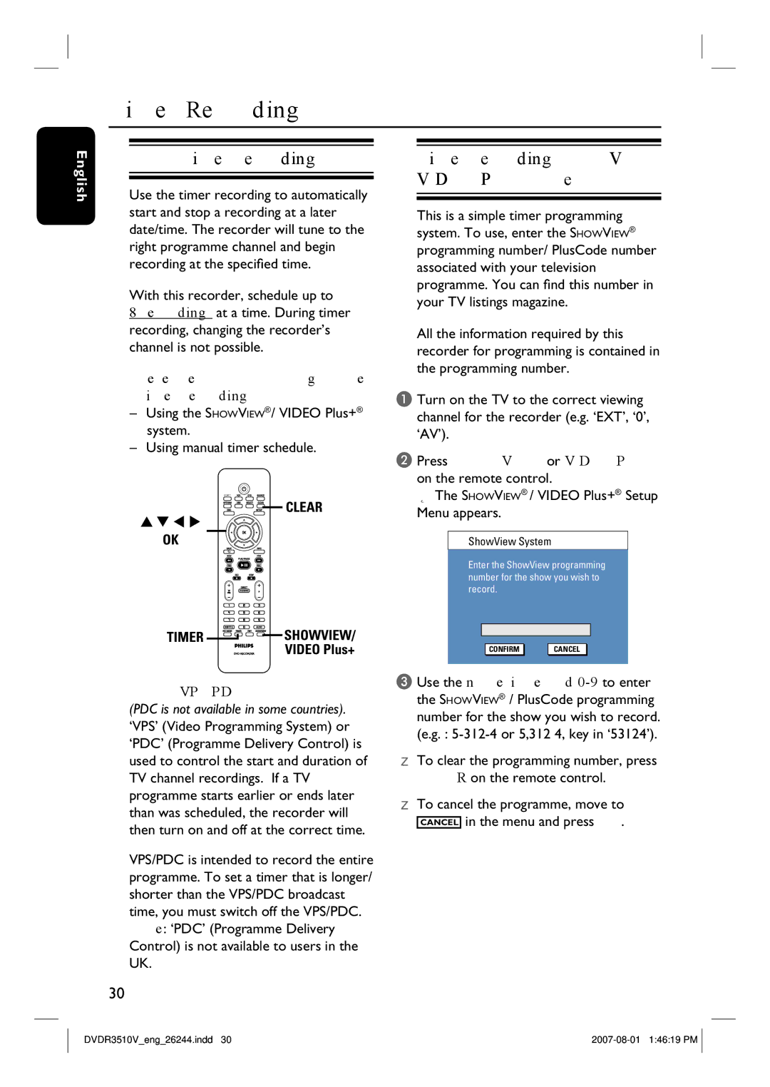 Philips DVDR3510V, DVDR3512V Timer Recording, About timer recording, Timer recording SHOWVIEW/ Video Plus+ System 