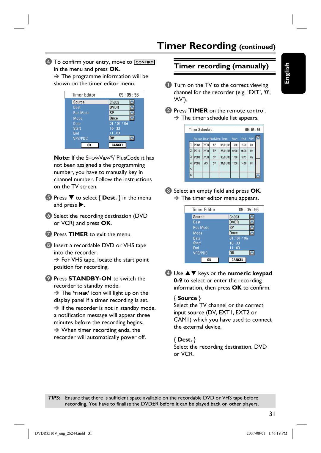 Philips DVDR3512V, DVDR3510V quick start Timer recording manually, Dest 