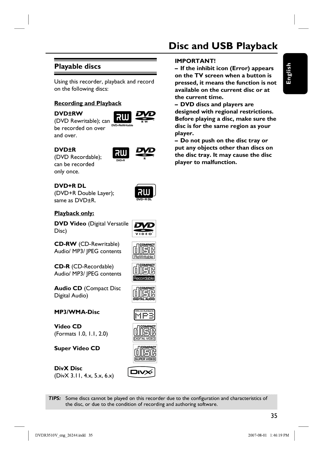 Philips DVDR3512V, DVDR3510V quick start Disc and USB Playback, Playable discs, Dvd±Rw, Dvd+R Dl 