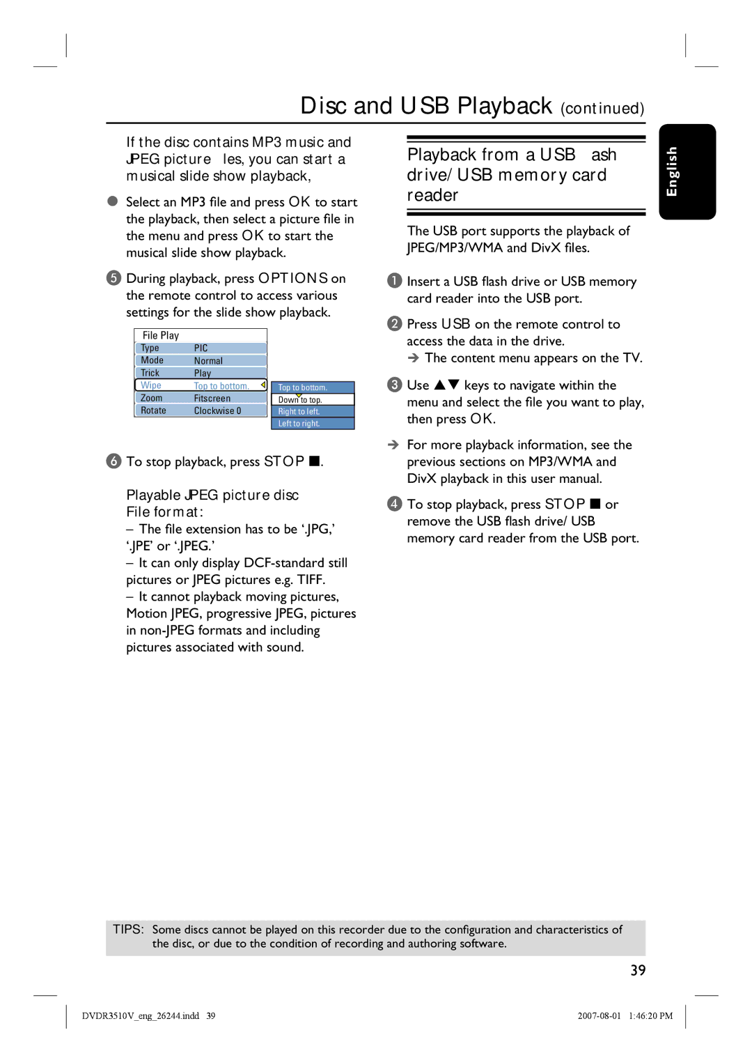 Philips DVDR3512V, DVDR3510V Playback from a USB flash drive/ USB memory card reader, Press USB on the remote control to 