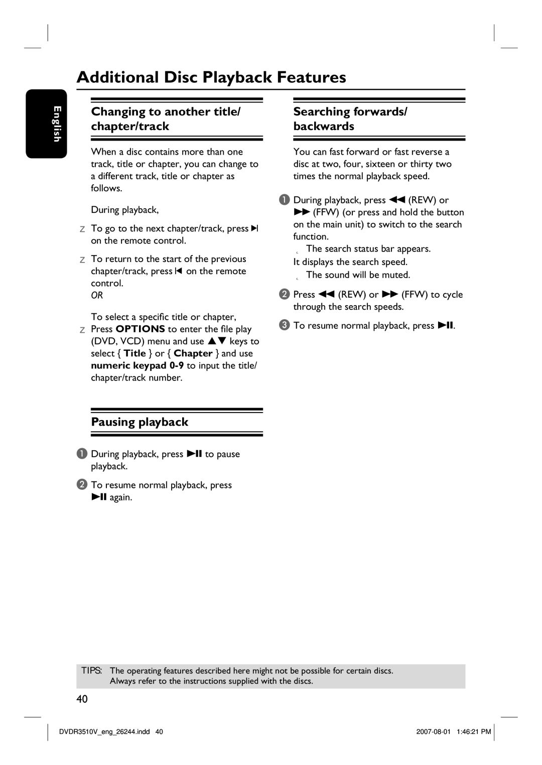 Philips DVDR3510V, DVDR3512V Additional Disc Playback Features, Changing to another title/ chapter/track, Pausing playback 