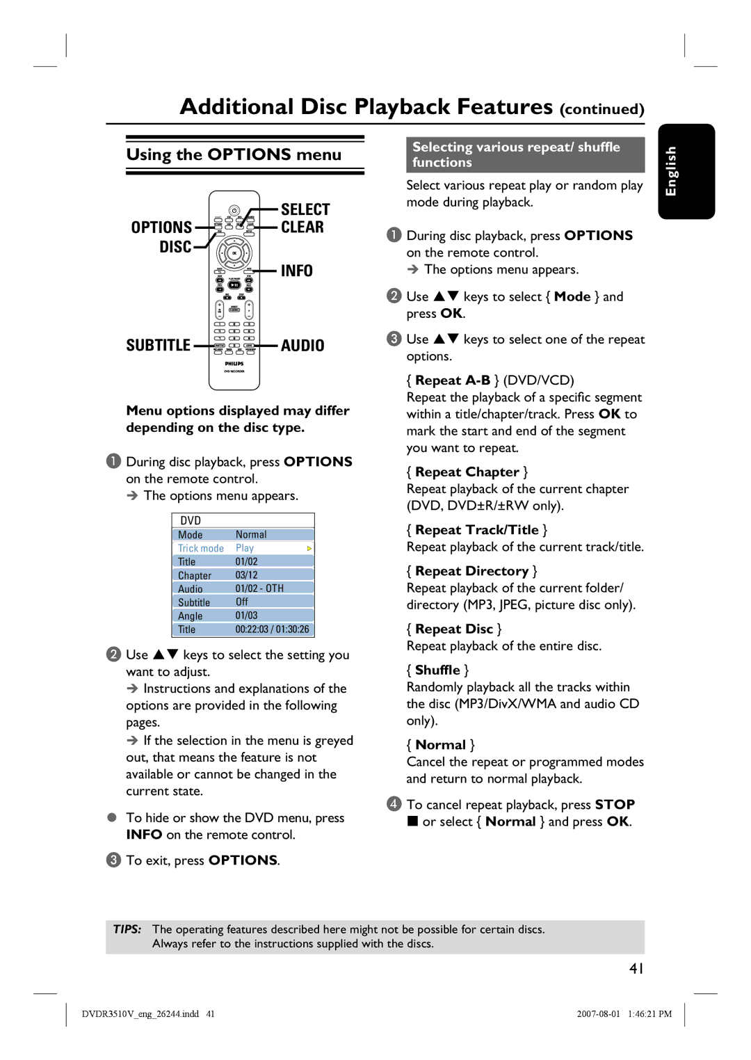 Philips DVDR3512V, DVDR3510V quick start Using the Options menu, Selecting various repeat/ shuffle functions 