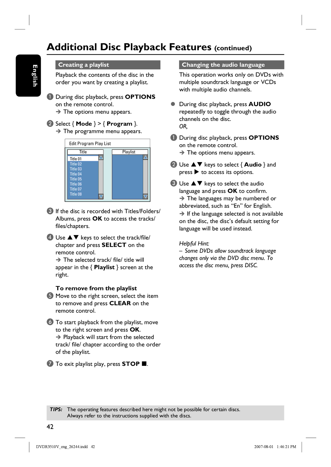 Philips DVDR3510V, DVDR3512V Creating a playlist Changing the audio language English, To remove from the playlist 