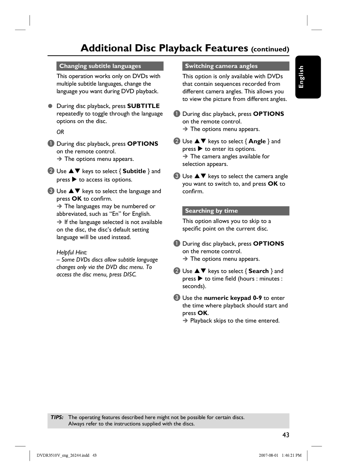 Philips DVDR3512V, DVDR3510V quick start Changing subtitle languages Switching camera angles, Searching by time 