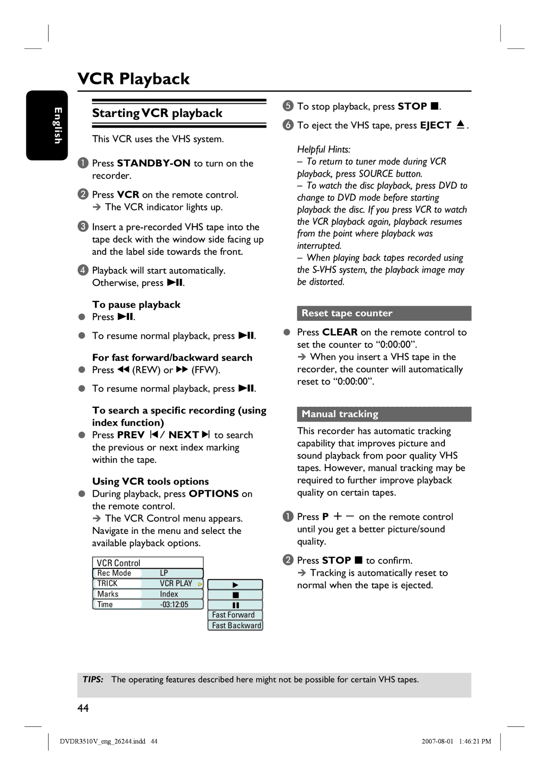 Philips DVDR3510V, DVDR3512V quick start VCR Playback, Starting VCR playback, Reset tape counter, Manual tracking 