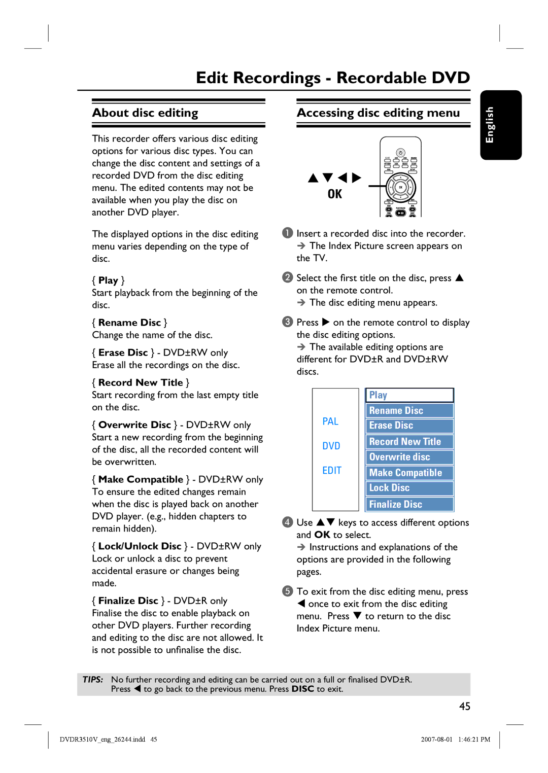 Philips DVDR3512V, DVDR3510V quick start Edit Recordings Recordable DVD, About disc editing 