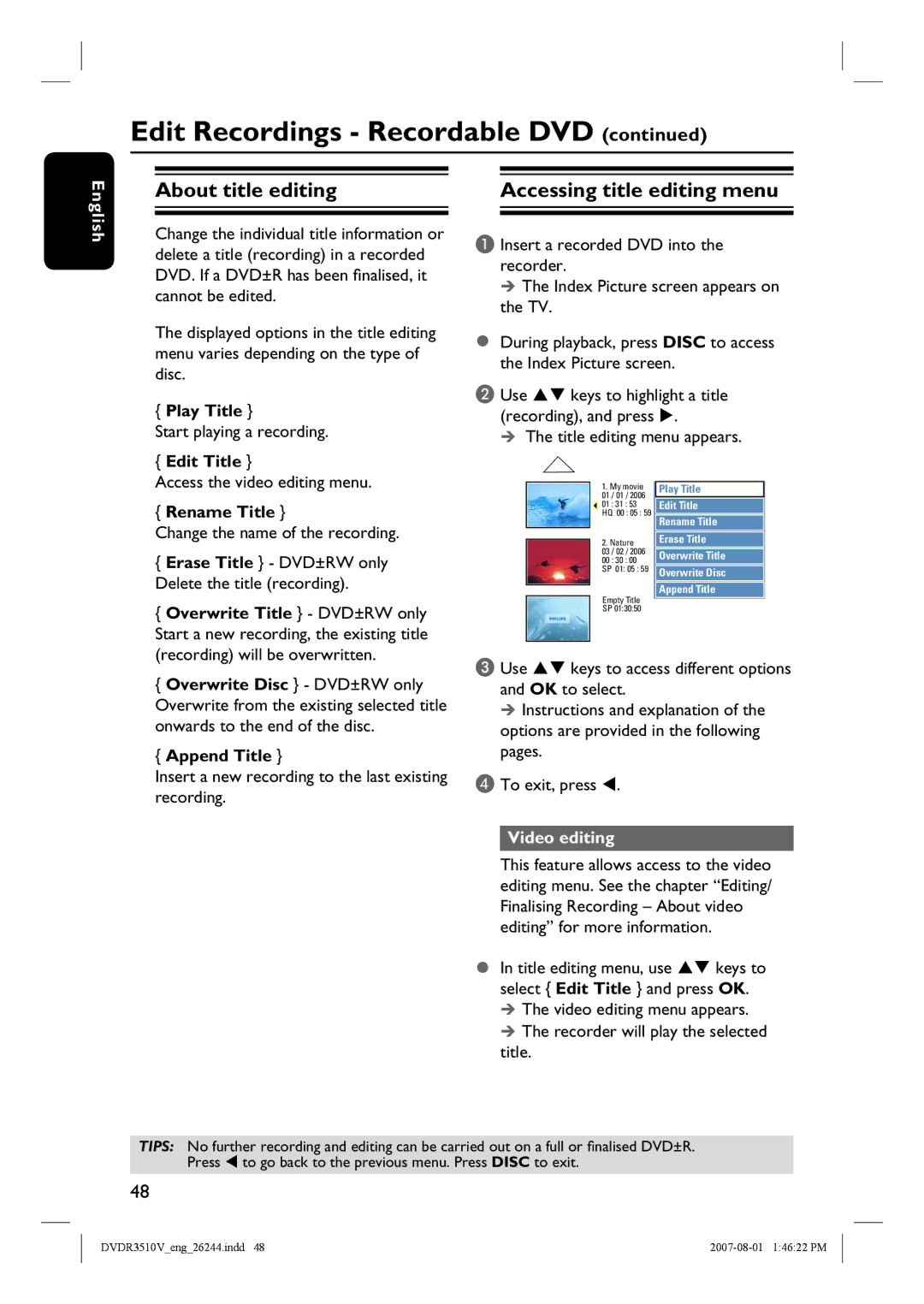 Philips DVDR3510V, DVDR3512V quick start About title editing Accessing title editing menu, Video editing 