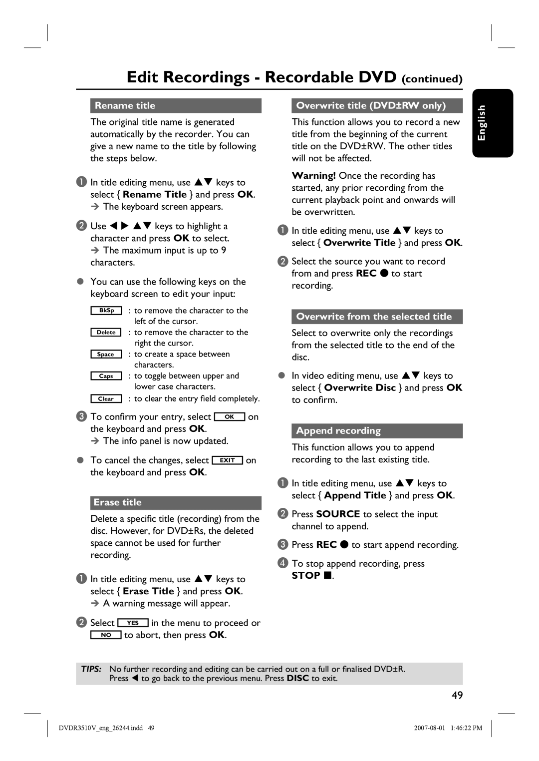 Philips DVDR3512V, DVDR3510V Rename title Overwrite title DVD±RW only, Maximum input is up to 9 characters, Erase title 