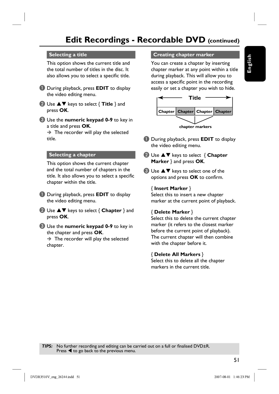 Philips DVDR3512V, DVDR3510V quick start Selecting a title, Creating chapter marker, Selecting a chapter 