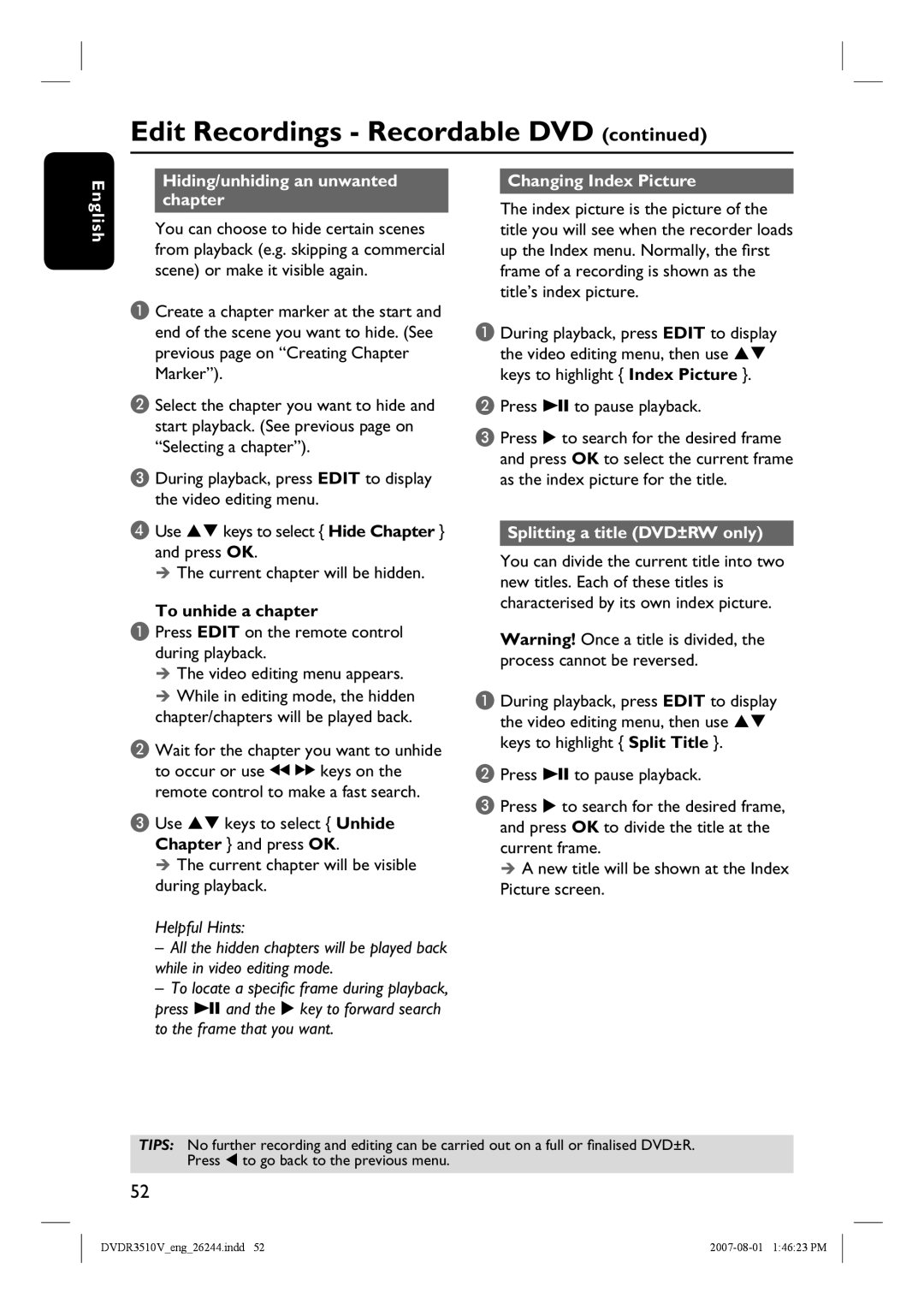 Philips DVDR3510V, DVDR3512V English Hiding/unhiding an unwanted chapter, To unhide a chapter, Changing Index Picture 