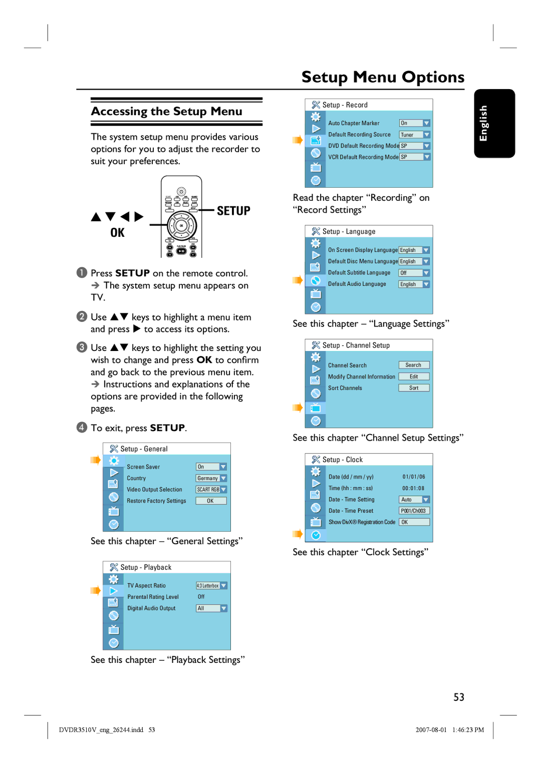 Philips DVDR3512V, DVDR3510V quick start Setup Menu Options, Accessing the Setup Menu 