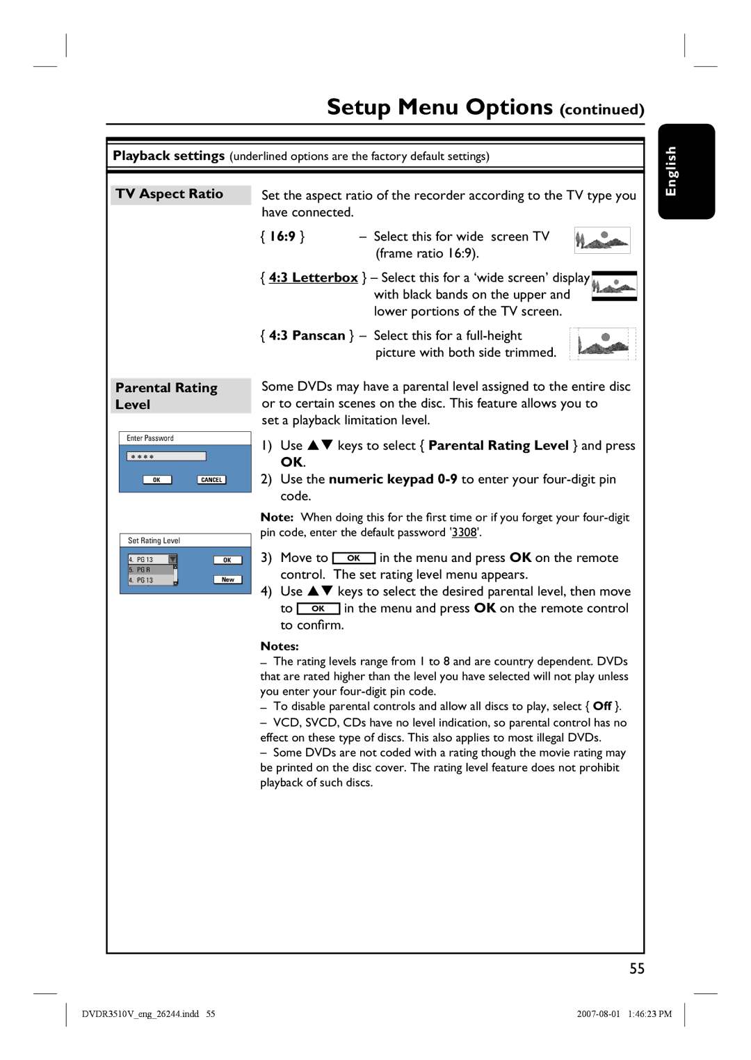 Philips DVDR3512V, DVDR3510V quick start Parental Rating Level, Frame ratio, Control. The set rating level menu appears 